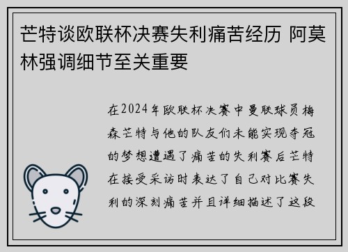 芒特谈欧联杯决赛失利痛苦经历 阿莫林强调细节至关重要