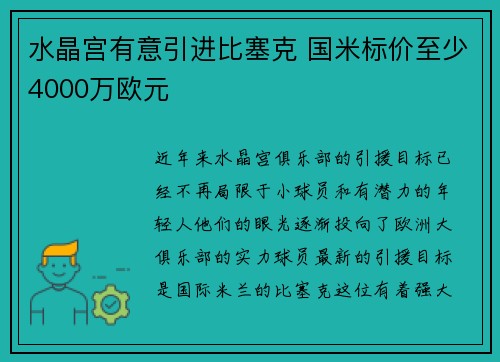 水晶宫有意引进比塞克 国米标价至少4000万欧元 水晶宫有意引进比塞克 国米标价至少4000万欧元