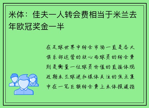 米体：佳夫一人转会费相当于米兰去年欧冠奖金一半