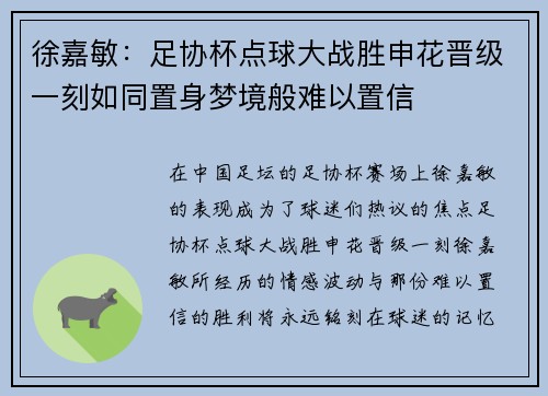 徐嘉敏：足协杯点球大战胜申花晋级一刻如同置身梦境般难以置信